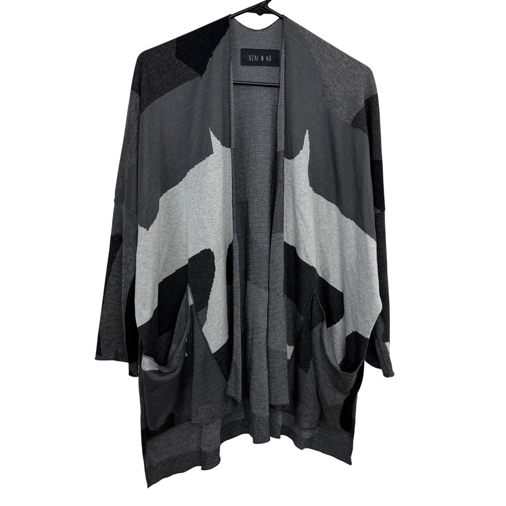 Ozai N Ku Cardigan Womens XS Grey Abstract Colorblock Open Front Oversized Knit